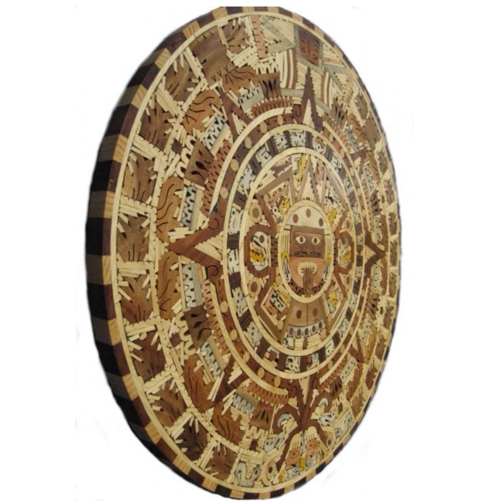 Vintage Mosaic Aztec Art Decor Calendar Tonatiuhs Face Hand Carved Exotic Woods‎ - Picture 3 of 9